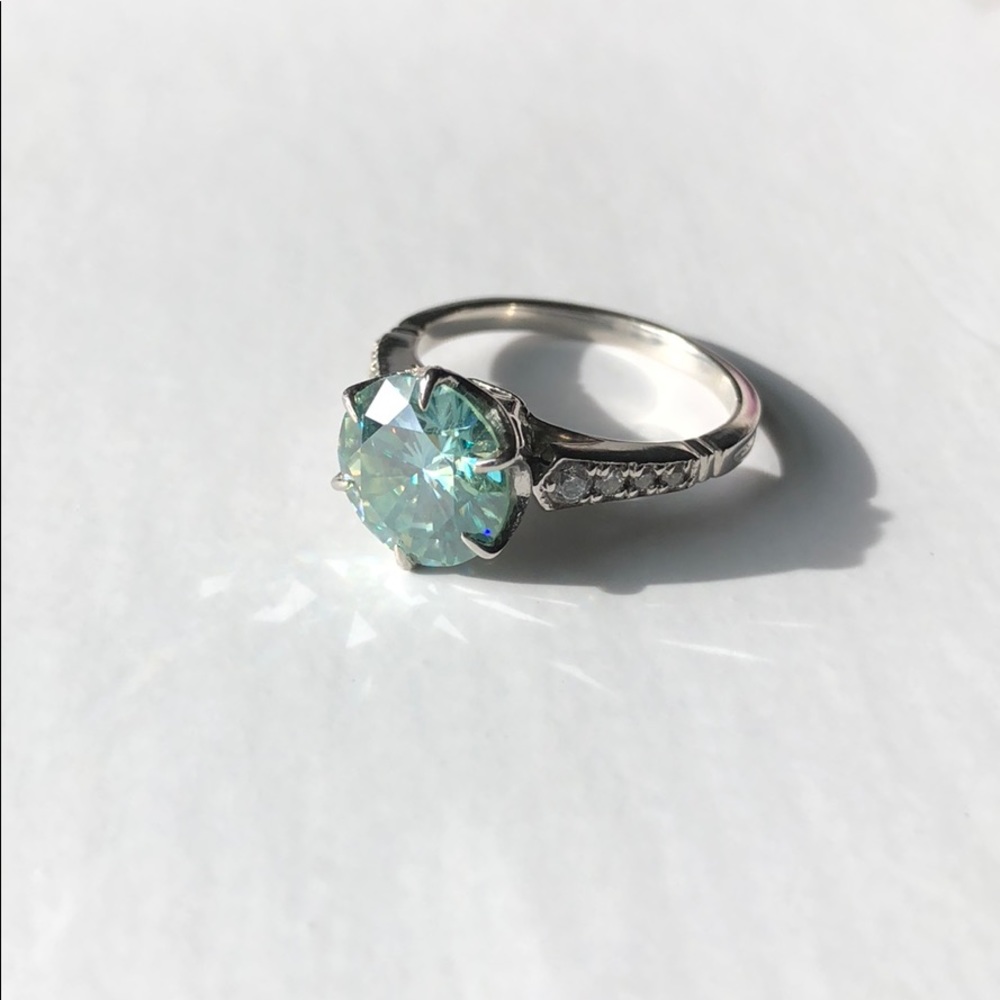 3Ct Blue-Green Moissanite Ring
